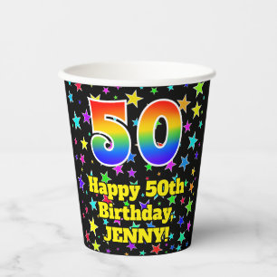Gobelets En Papier 50e Birthday: Fun Stars Pattern and Rainbow 50