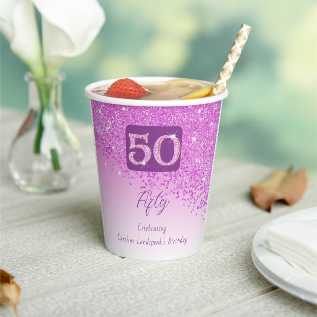 Gobelets En Papier 50th Birthday Party Gleaming Pink Glitter (Insitu)