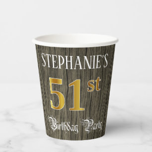 Gobelets En Papier 51e fête d'anniversaire — Faux Gold & Faux Wood Lo