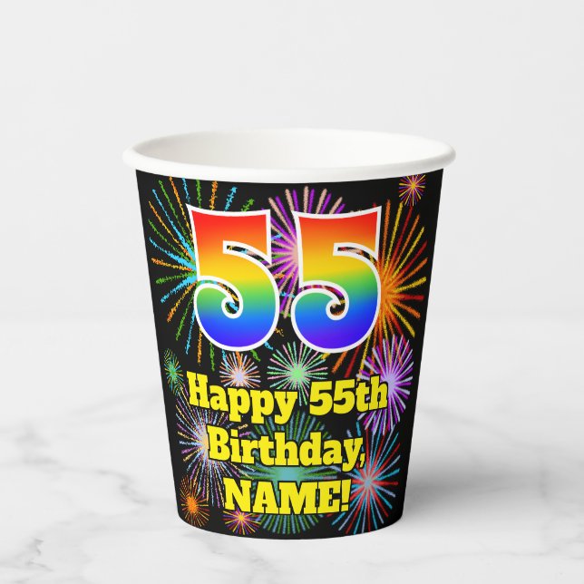 Gobelets En Papier 55ème anniversaire : Fun Fireworks Motif + Rainbow (Recto)