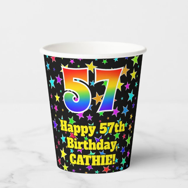 Gobelets En Papier 57e anniversaire : Fun Stars Motif et Rainbow 57 (Recto)