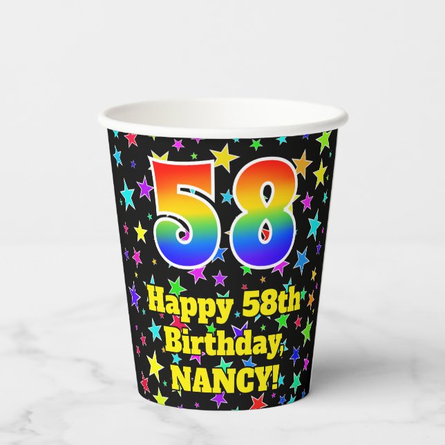 Gobelets En Papier 58e anniversaire : Fun Stars Motif et Rainbow 58 (Verso)