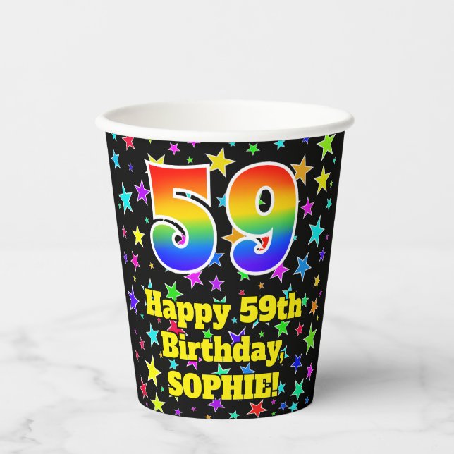Gobelets En Papier 59e anniversaire : Fun Stars Motif et Rainbow 59 (Recto)