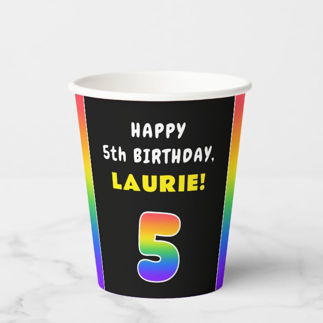 Gobelets En Papier 5e anniversaire : Arc-en-ciel coloré # 5, Nom pers (Recto)