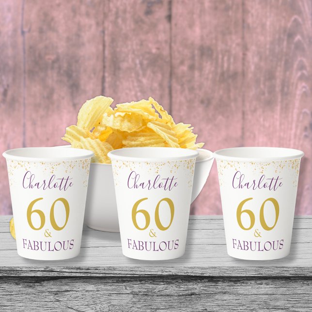 Gobelets En Papier 60 et fabuleuse fête d'anniversaire (Stylish 60 & fabulous purple and gold glitter custom 60th birthday party paper cups)