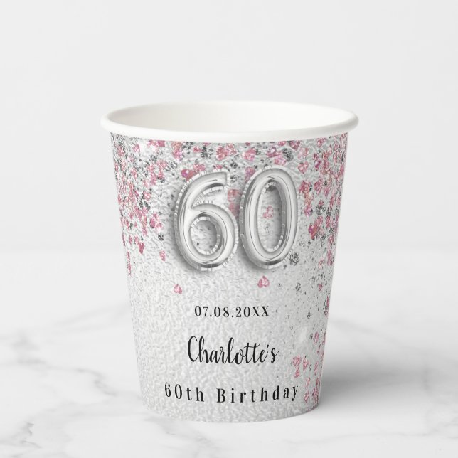 Gobelets En Papier 60e anniversaire parties scintillant rose argent (Verso)