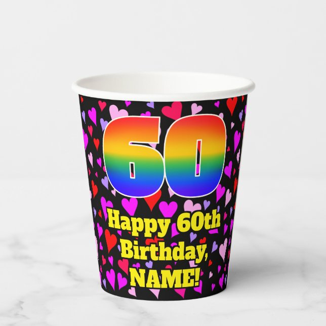 Gobelets En Papier 60e Birthday: Patters de Loving Hearts, Rainbow 60 (Verso)