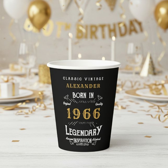 Gobelets En Papier 60th Birthday 1966 Legendary Retro (1966 birthday black paper cup on a white and gold background.)