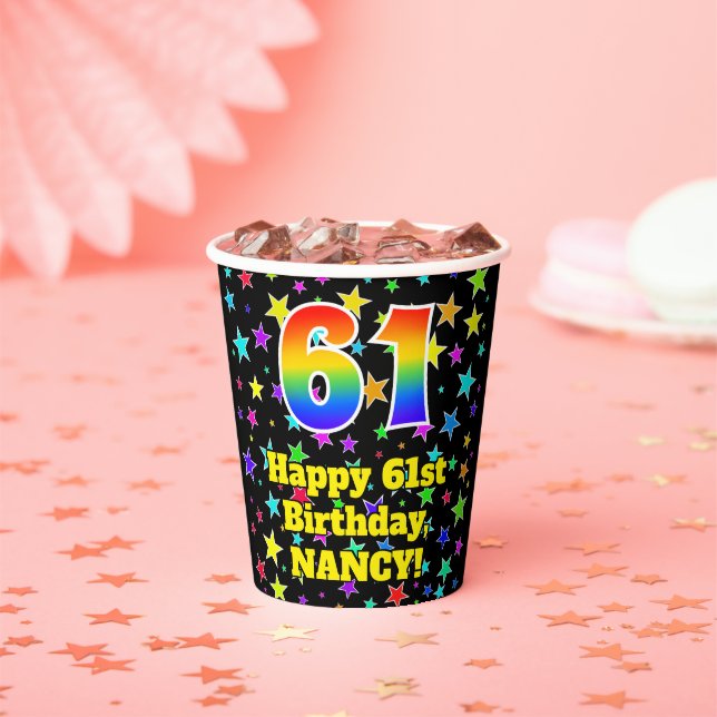 Gobelets En Papier 61e anniversaire : Fun Stars Motif et Rainbow 61 (Insitu)