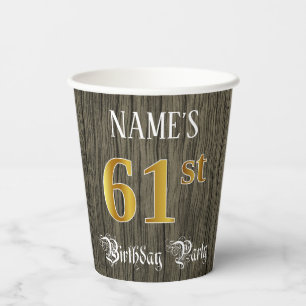 Gobelets En Papier 61e fête d'anniversaire — Faux Gold & Faux Wood Lo
