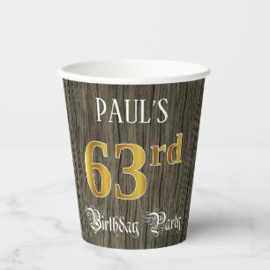 Gobelets En Papier 63e fête d'anniversaire — Faux Gold & Faux Wood Lo