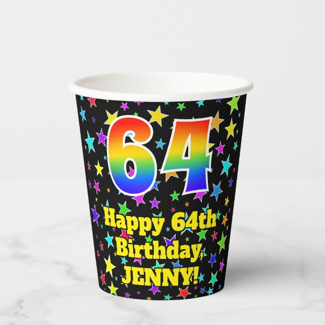 Gobelets En Papier 64e anniversaire : Fun Stars Motif et Rainbow 64 (Recto)