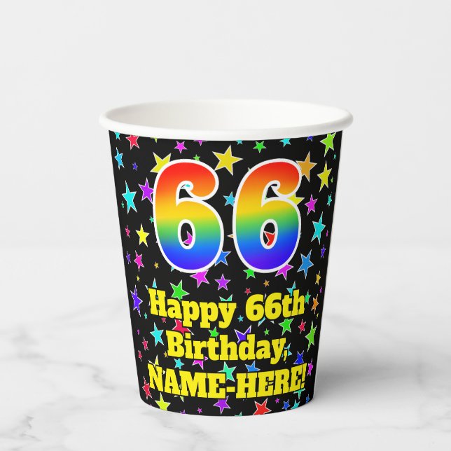 Gobelets En Papier 66e anniversaire : Fun Stars Motif et Rainbow 66 (Verso)