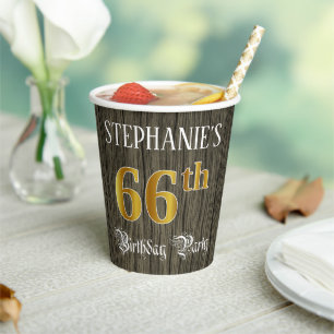 Gobelets En Papier 66e fête d'anniversaire — Faux Gold & Faux Wood Lo