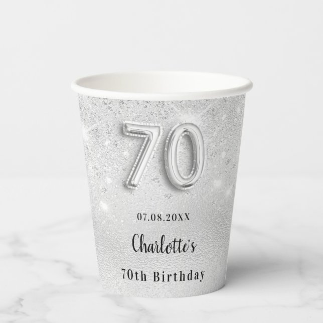Gobelets En Papier 70e anniversaire argent nom de parties scintillant (Verso)