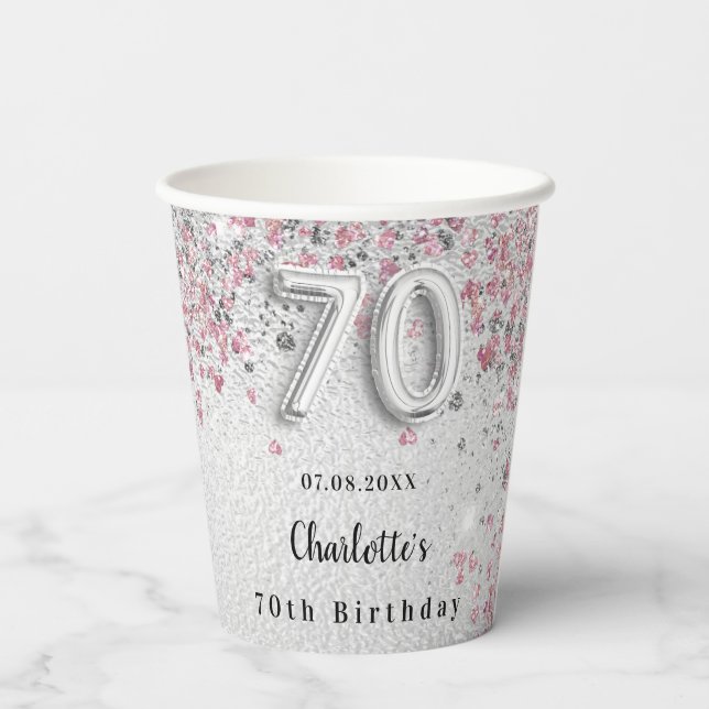 Gobelets En Papier 70e anniversaire argent rose nom de parties scinti (Verso)