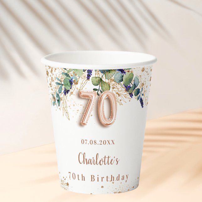 Gobelets En Papier 70e anniversaire eucalyptus vert nom de la parties (Créateur téléchargé)