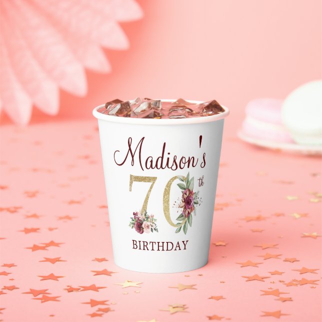 Gobelets En Papier 70e anniversaire personnalisé Bourgogne or floral (Insitu)