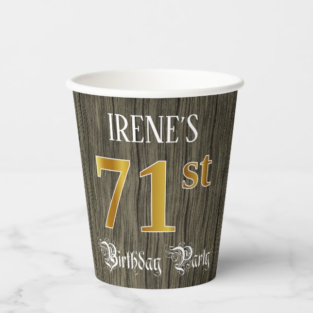 Gobelets En Papier 71e fête d'anniversaire — Faux Gold & Faux Wood Lo (Recto)