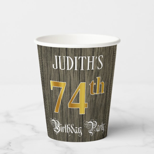 Gobelets En Papier 74e fête d'anniversaire — Faux Gold & Faux Wood Lo (Verso)