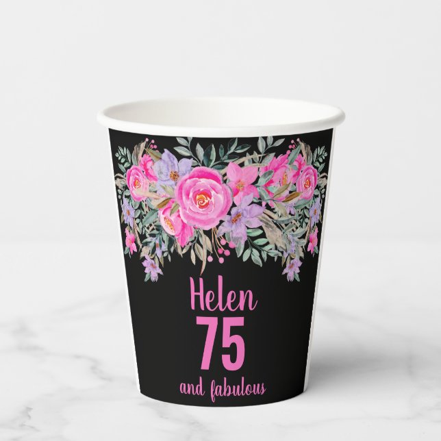 Gobelets En Papier 75e anniversaire noir tasses à papier floral rose (Verso)