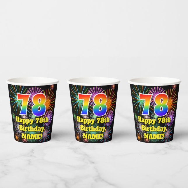 Gobelets En Papier 78e anniversaire : Fun Fireworks Motif + Rainbow 7 (Multi)