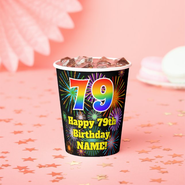 Gobelets En Papier 79e anniversaire : Fun Fireworks Motif + Rainbow 7 (Insitu)