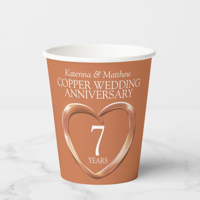 Gobelets En Papier 7 ans Coeur anniversaire Mariage cuivre (Recto)