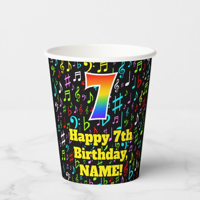 Gobelets En Papier 7e anniversaire : Fun Music Notes Motif, Rainbow 7 (Verso)