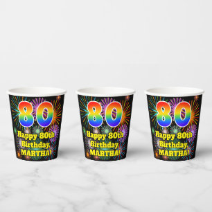 Gobelets En Papier 80e anniversaire : Fun Motif Fireworks + Rainbow 8