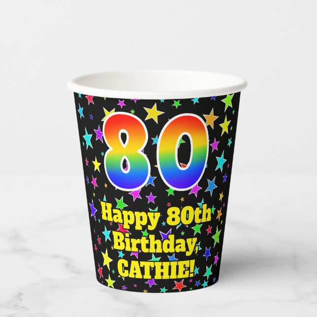 Gobelets En Papier 80e anniversaire : Fun Stars Motif et Rainbow 80 (Recto)