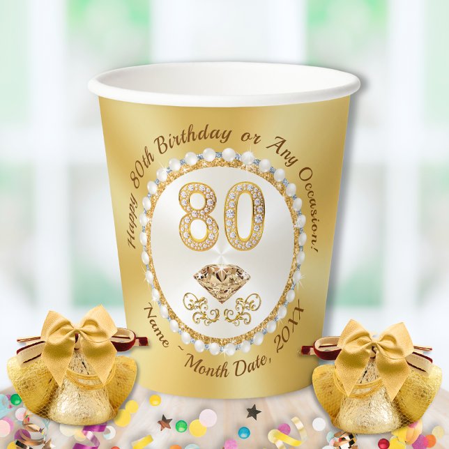 Gobelets En Papier 80e Coupes de fête d'anniversaire, Perles d'ivoire (80th birthday party supplies. Personalized Birthday paper cups. Birthday paperware. Pearls, Diamonds)