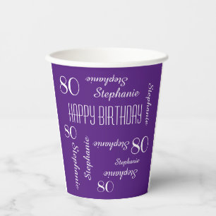 Gobelets En Papier 80e fête d'anniversaire répétant les noms violet b