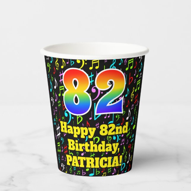 Gobelets En Papier 82e anniversaire : Fun Music Notes Motif, Rainbow  (Recto)