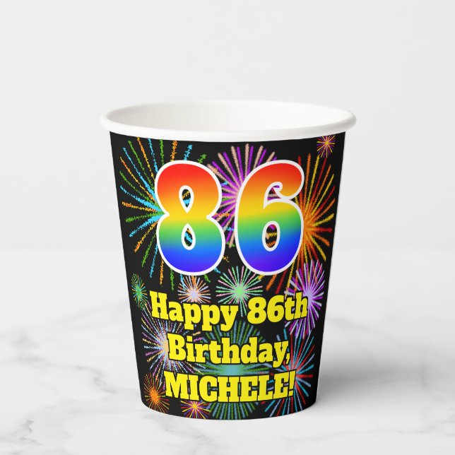 Gobelets En Papier 86ème anniversaire : Fun Fireworks Motif + Rainbow (Verso)