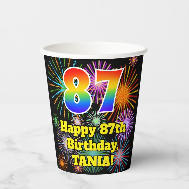Gobelets En Papier 87ème anniversaire : Fun Fireworks Motif + Rainbow (Recto)