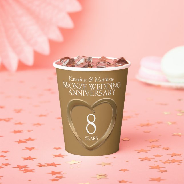Gobelets En Papier 8 ans bronze Mariage anniversaire coeur (Insitu)