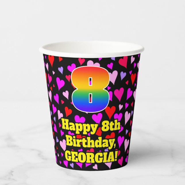 Gobelets En Papier 8th Birthday: Loving Hearts Pattern, Rainbow 8 (Recto)
