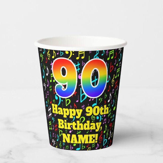 Gobelets En Papier 90e anniversaire : Fun Music Notes Motif, Rainbow  (Recto)