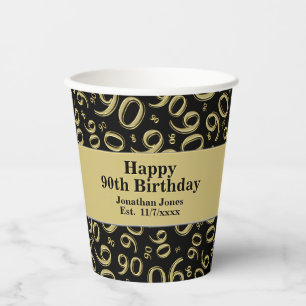 Gobelets En Papier 90e anniversaire Noir/Or Random Numéro Motif 90