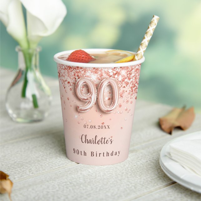 Gobelets En Papier 90e anniversaire rose or parties scintillant nom m (Insitu)