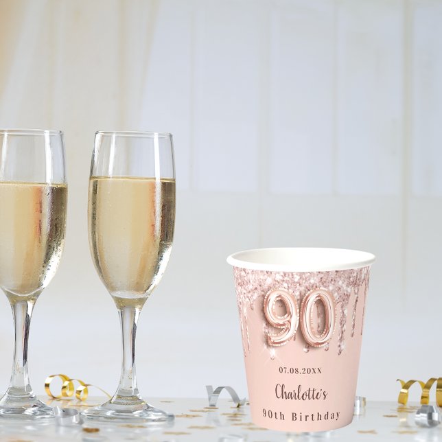 Gobelets En Papier 90e anniversaire rose parties scintillant or goutt (Créateur téléchargé)