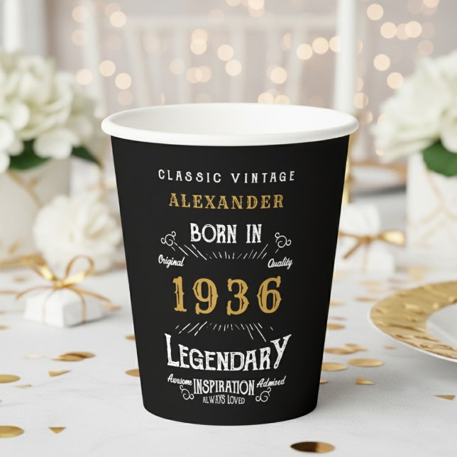 Gobelets En Papier 90th Birthday 1936 Legendary Retro (1936 birthday black paper cup with white and gold background)