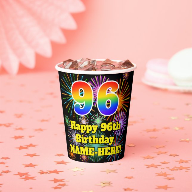 Gobelets En Papier 96e anniversaire : Fun Fireworks Motif + Rainbow 9 (Insitu)