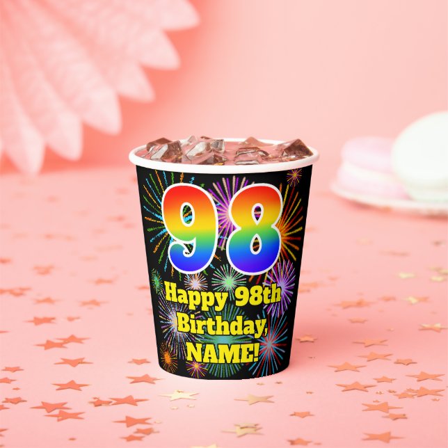 Gobelets En Papier 98e anniversaire : Fun Fireworks Motif + Rainbow 9 (Insitu)