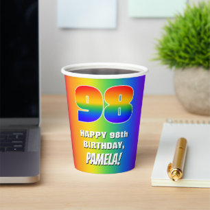 Gobelets En Papier 98e Anniversaire : motif arc-en-ciel coloré et amu