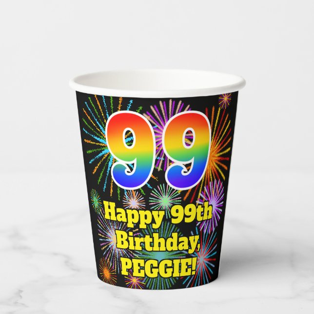 Gobelets En Papier 99e anniversaire : Fun Fireworks Motif + Rainbow 9 (Verso)
