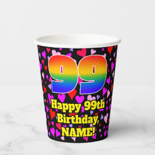 Gobelets En Papier 99e Anniversaire : Motif Cœurs Aimants, 99 Arc-en-