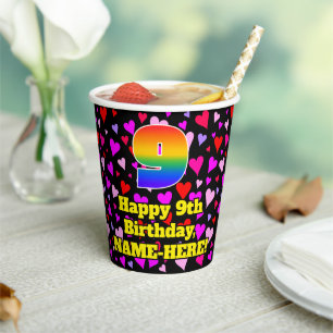 Gobelets En Papier 9e Birthday: Patters de Loving Hearts, Rainbow 9
