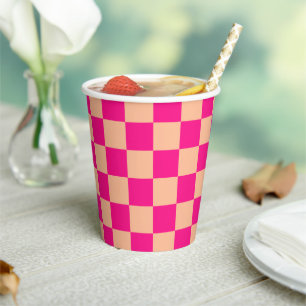 Gobelets En Papier à damiers carré pêche rose chaud rétro géométrique